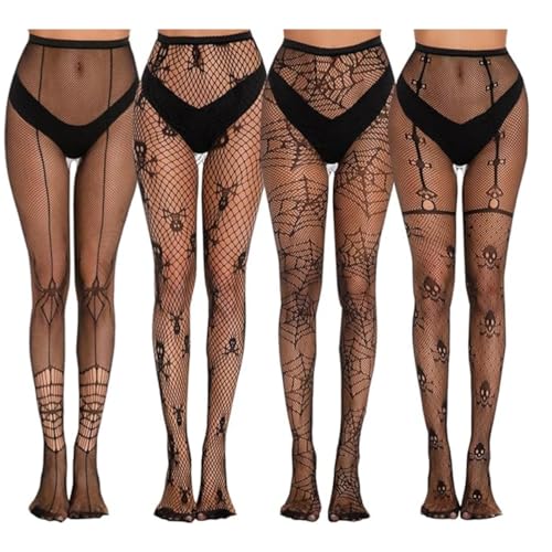 FAINCA Netzstrumpfhose - 4 Paar, Schwarz, Totenkopf Spinnen, Spinnennetz Muster, Halloween, Damen von FAINCA