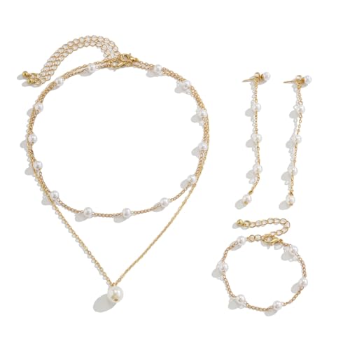FAINCA Damen Perlen Schmuck Set, Perlenkette Damen, Perlenkette mit Perlenanhänger, Perlenohrringe und Armband, Brautschmuck Set in Gold, Elegantes Schmuckset für Frauen von FAINCA