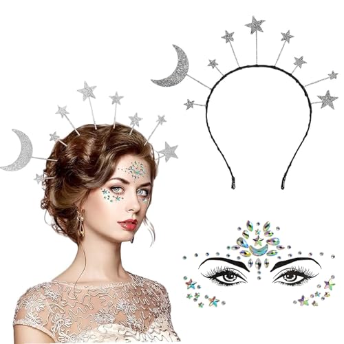 FAINCA Haarschmuck Glitzer Sterne und Mond-Design Kopfschmuck Sterne mit Gesicht Sticker Strasssteine Haarreifen Damen Glitzer Haarreif Festival Accessoires Silber für Karneval Halloween Musikparty von FAINCA