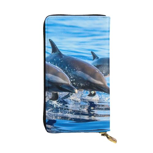 Dolphin Family Printed Leather Wallet, Zippered Credit Card Holder Unisex Version von FAIRAH