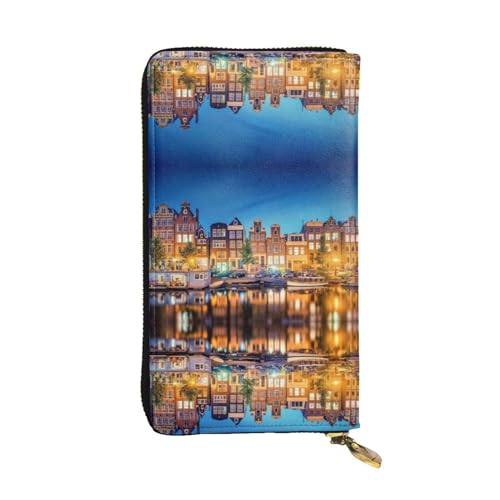 FAIRAH Amsterdam Night View Printed Leather Wallet, Zippered Credit Card Holder Unisex Version von FAIRAH