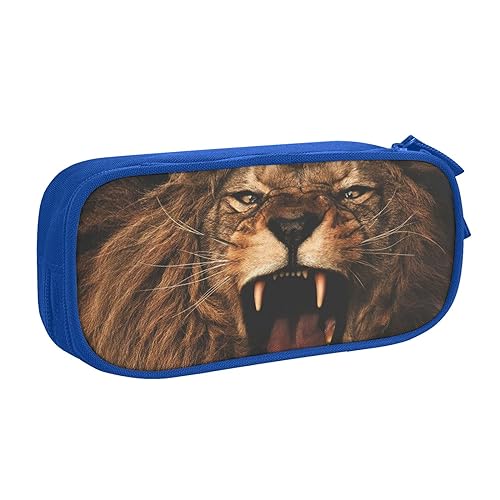 FAIRAH Angry Roaring Lion Printed Large Capacity Double-Layer Zippered Pen Bag, Stationery Storage Bag, blau, Einheitsgröße, Schulrucksack von FAIRAH