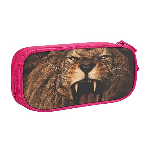 FAIRAH Angry Roaring Lion Printed Large Capacity Double-Layer Zippered Pen Bag, Stationery Storage Bag, rose, Einheitsgröße, Schulrucksack von FAIRAH