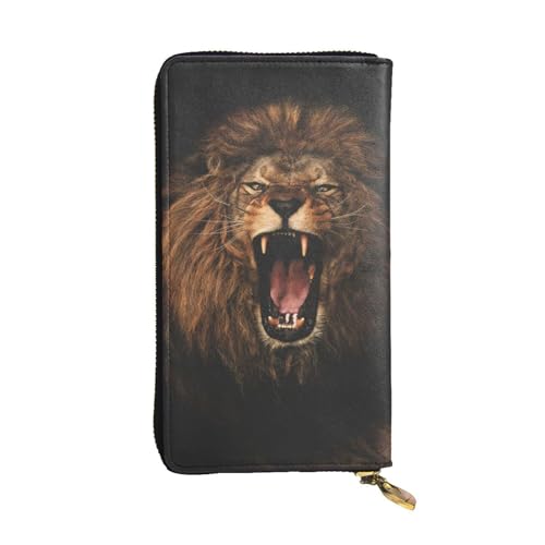 FAIRAH Angry Roaring Lion Printed Leather Wallet, Zippered Credit Card Holder Unisex Version von FAIRAH