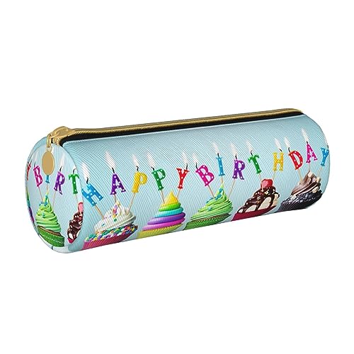 FAIRAH Art Guitar Pattern Printed Leather Cylinder Pencil Storage Bag, Suitable for Daily Use, Bunte Cupcakes mit Aufschrift "Happy Birthday", Einheitsgröße, Münzbeutel von FAIRAH