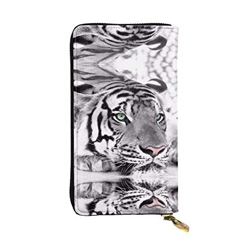 FAIRAH Black White Tiger Printed Leather Wallet, Zippered Credit Card Holder Unisex Version von FAIRAH