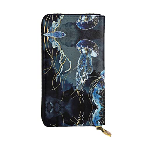 FAIRAH Blue and Gold Jellyfish Printed Leather Wallet, Zippered Credit Card Holder Unisex Version von FAIRAH