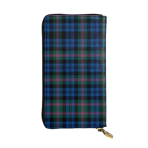 FAIRAH Blue and Green Scottish Tartan Printed Leather Wallet, Zippered Credit Card Holder Unisex Version von FAIRAH