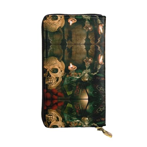 FAIRAH Candles and Scary Skull Printed Leather Wallet, Zippered Credit Card Holder Unisex Version von FAIRAH