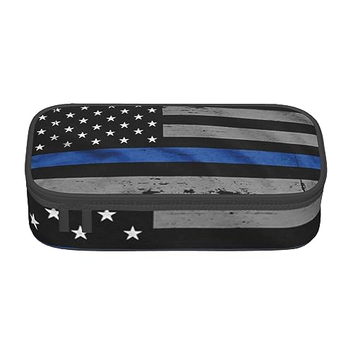 FAIRAH Kinder Hand Druck gedruckt tragbare große Kapazität Fach Schreibwaren Stift Tasche, geeignet für Schule oder Büro Schreibwaren, American Thin Blue Line Flagge, Einheitsgröße, Make-up-Tasche von FAIRAH