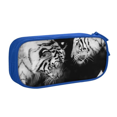 FAIRAH Love Theme Couple Tigers Colesed Printed Large Capacity Double-Layer Zippered Pen Bag, Schreibwaren Aufbewahrungstasche, blau, Einheitsgröße, Schulrucksack von FAIRAH