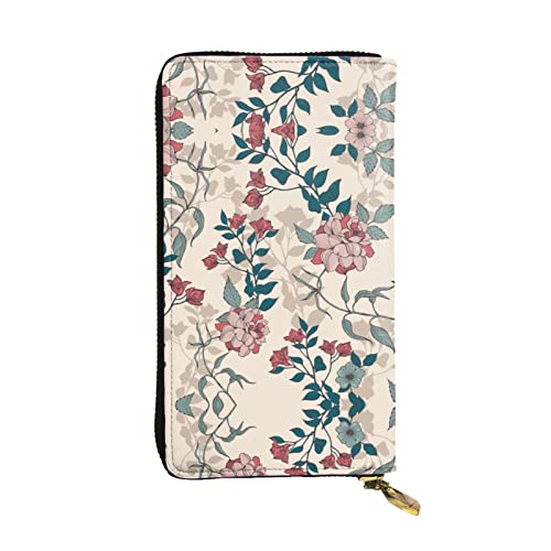 FAIRAH Pink Flowers Leaves Printed Leather Wallet, Zippered Credit Card Holder Unisex Version von FAIRAH