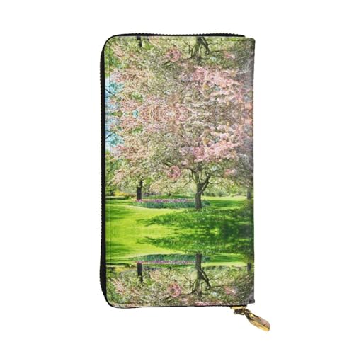 FAIRAH Pink Flowers On The Tree Printed Leather Wallet, Zippered Credit Card Holder Unisex Version von FAIRAH