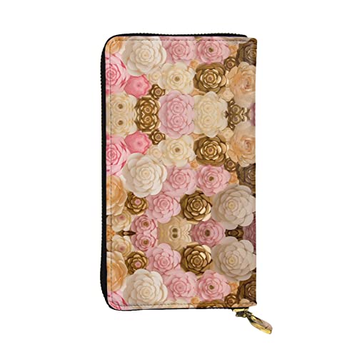 FAIRAH Pink White Gold Flowers Printed Leather Wallet, Zippered Credit Card Holder Unisex Version von FAIRAH