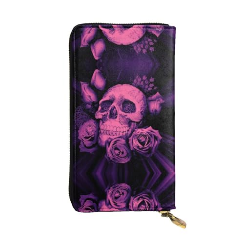 FAIRAH Purple Skulls and Roses Printed Leather Wallet, Zippered Credit Card Holder Unisex Version von FAIRAH