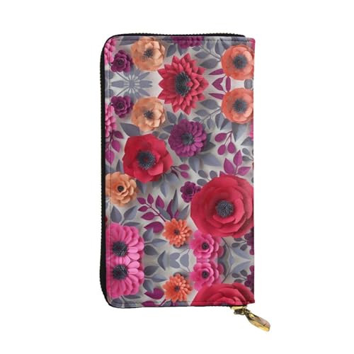 FAIRAH Red Pink Flowers Printed Leather Wallet, Zippered Credit Card Holder Unisex Version von FAIRAH