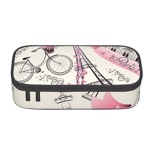 FAIRAH Retro Cool Camera Collection Printed Portable Large Capacity Compartment Stationery Pen Bag, Suitable for School Or Office Stationery, Romantisches Paris Eiffelturm Fahrrad, Einheitsgröße, von FAIRAH