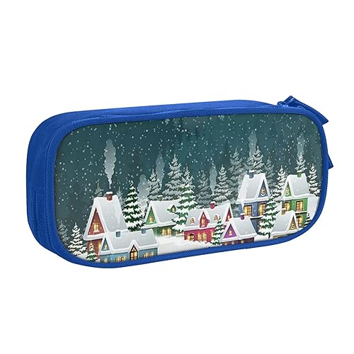 FAIRAH Snow Covered Village Town Printed Large Capacity Double-Layer Zippered Pen Bag, Stationery Storage Bag, blau, Einheitsgröße, Schulrucksack von FAIRAH