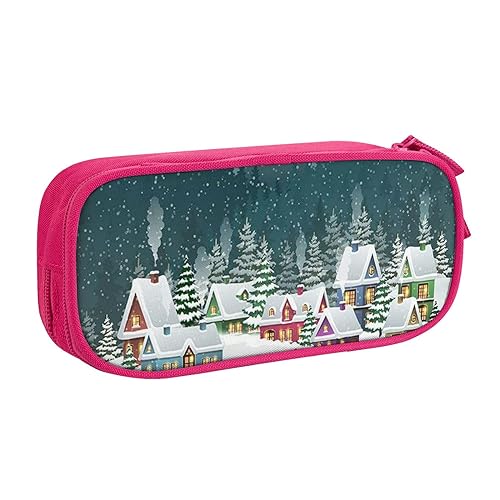 FAIRAH Snow Covered Village Town Printed Large Capacity Double-Layer Zippered Pen Bag, Stationery Storage Bag, rose, Einheitsgröße, Schulrucksack von FAIRAH