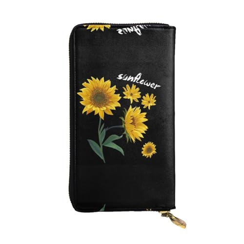 FAIRAH Sunflower Black Background Printed Leather Wallet, Zippered Credit Card Holder Unisex Version von FAIRAH