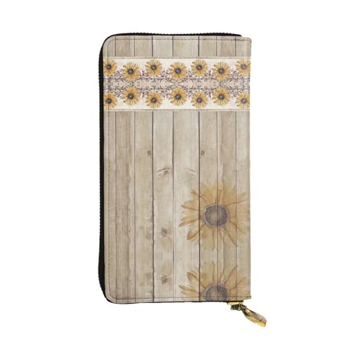 FAIRAH Sunflowers On Wooden Printed Leather Wallet, Zippered Credit Card Holder Unisex Version von FAIRAH