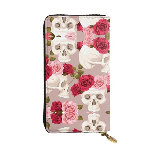 Floral Skull Printed Leather Wallet, Zippered Credit Card Holder Unisex Version von FAIRAH