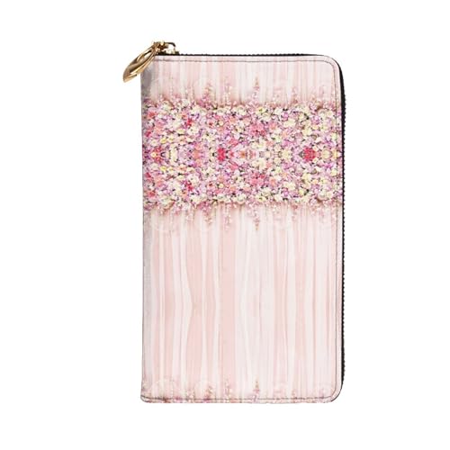 Floral Wall Pink Rose Printed Leather Wallet, Zippered Credit Card Holder Unisex Version von FAIRAH