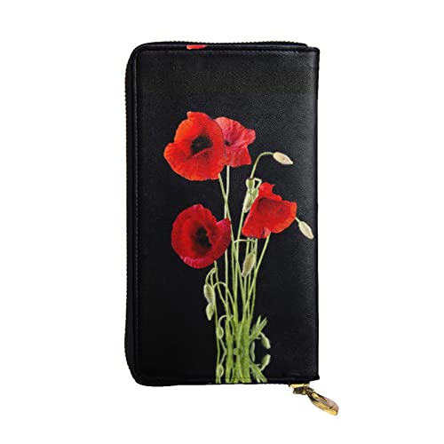 Red Flower Printed Leather Wallet, Zippered Credit Card Holder Unisex Version von FAIRAH