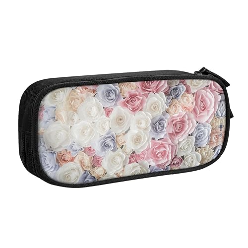 Rose Flower Floral Printed Große Kapazität Doppelschicht Reißverschluss Stifttasche Schreibwaren Aufbewahrungstasche, Schwarz , Einheitsgröße, Schulrucksack von FAIRAH