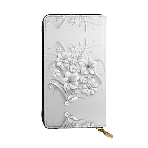 White Flower Printed Leather Wallet, Zippered Credit Card Holder Unisex Version von FAIRAH