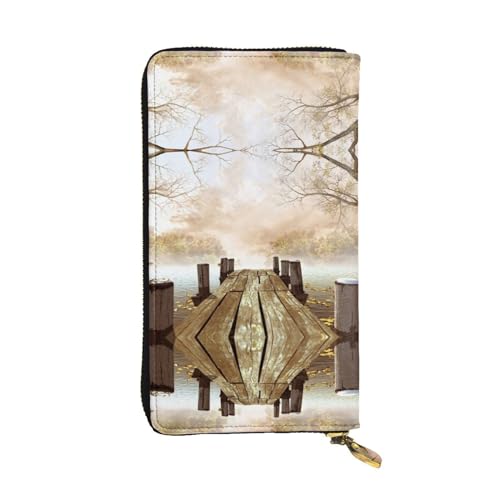 Wooden Jetty with Fallen Leaves Printed Leather Wallet, Zippered Credit Card Holder Unisex Version von FAIRAH