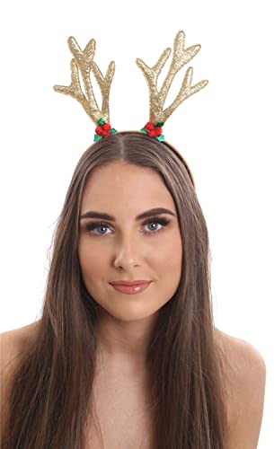 Damen Weihnachten Kostüm Accessoire Cosplay Damen Weihnachten Gold Glitzer Rentier Racks Design Stirnband von FAIRY BOUTIQUE