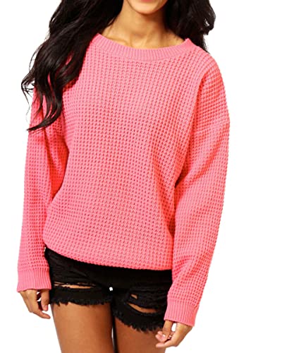 FAIRY BOUTIQUE Damen Langarm Strickpullover Fischnetz Baggy Pullover Damen Oversize Rundhals Loose Sweater Top, korallenrot, 42-44 von FAIRY BOUTIQUE