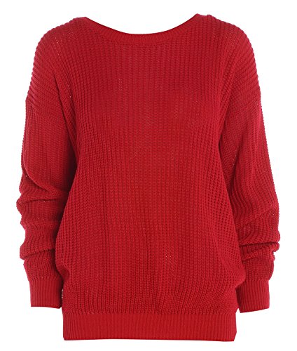 FAIRY BOUTIQUE Damen Langarm Strickpullover Fischnetz Baggy Pullover Damen Oversize Rundhals Loose Sweater Top, rot, 42-44 von FAIRY BOUTIQUE