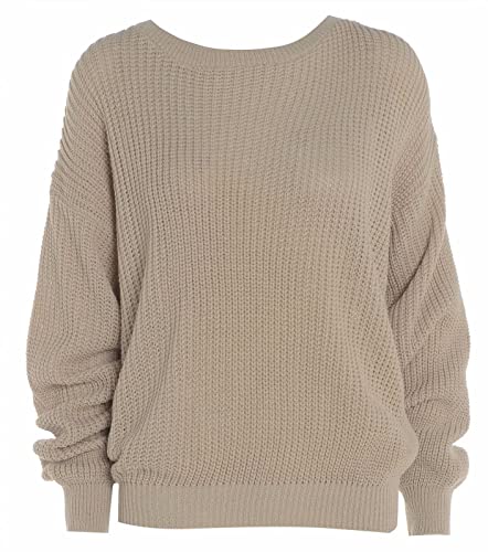FAIRY BOUTIQUE Damen Langarm Strickpullover Fischnetz Baggy Pullover Damen Oversize Rundhals Loose Sweater Top, stone, 34-36 von FAIRY BOUTIQUE