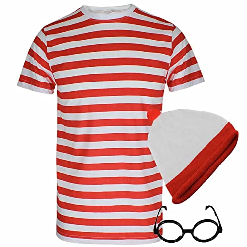 Kostüm-Set für Erwachsene und Kinder, gestreift, T-Shirt, Mütze, Socken, Brillen, Rot und Weiß, Herren T-Shirt Hut Brille Set, Mittel von FAIRY BOUTIQUE