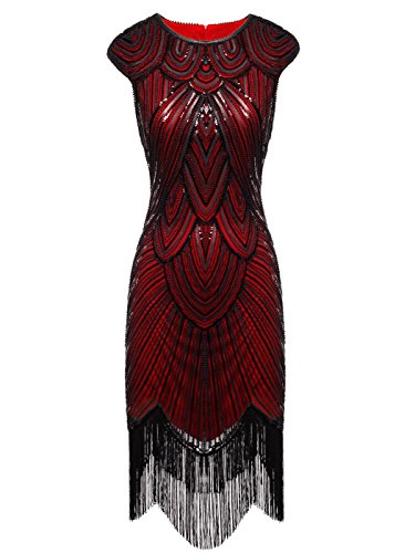 FAIRY COUPLE 1920 Pailletten versch?NERT Quasten Falten Flapper Kleid D20S002(L,Dark Red) von FAIRY COUPLE