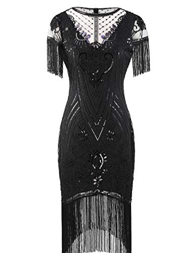 FAIRY COUPLE D20S028 1920er-Jahre Kleid für Damen mit Spitzenkragen und Ärmeln, Great-Gatsby-Stil, Pailletten-Art-Deco, Flapper-Kleid, X-Groß von FAIRY COUPLE
