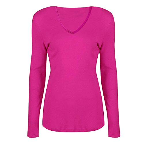 Damen Basic V Ausschnitt Langarm T Shirts Casual Tops Bluse Damen Stretch Loose Shirt Gr. 34-36, fuchsia von FAIRY TRENDZ LTD
