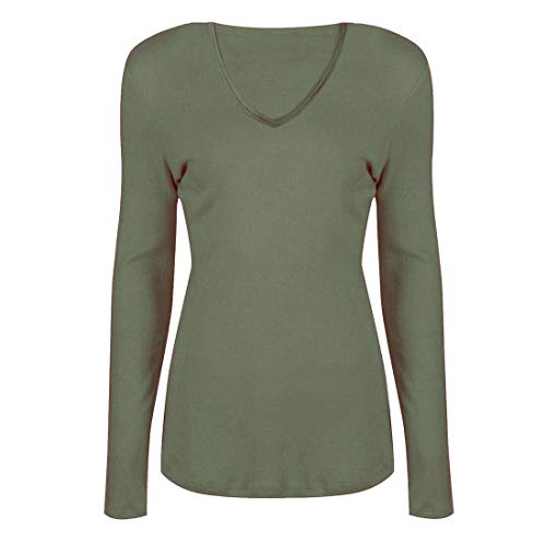 Damen Basic V Ausschnitt Langarm T Shirts Casual Tops Bluse Damen Stretch Loose Shirt Gr. 34-36, khaki von FAIRY TRENDZ LTD