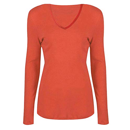Damen Basic V Ausschnitt Langarm T Shirts Casual Tops Bluse Damen Stretch Loose Shirt Gr. 34-36, korallenrot von FAIRY TRENDZ LTD
