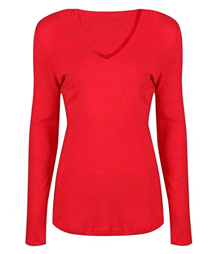 Damen Basic V Ausschnitt Langarm T Shirts Casual Tops Bluse Damen Stretch Loose Shirt Gr. 34-36, rot von FAIRY TRENDZ LTD