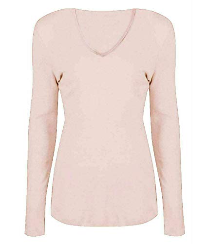 Damen Basic V Ausschnitt Langarm T Shirts Casual Tops Bluse Damen Stretch Loose Shirt Gr. 38-40, nude von FAIRY TRENDZ LTD