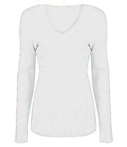 Damen Basic V Ausschnitt Langarm T Shirts Casual Tops Bluse Damen Stretch Loose Shirt Gr. 38-40, weiß von FAIRY TRENDZ LTD