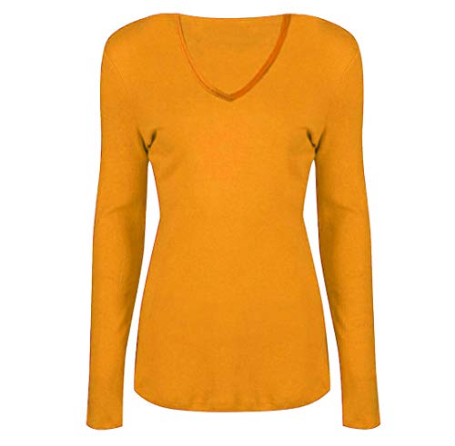 Damen Basic V Ausschnitt Langarm T Shirts Casual Tops Bluse Damen Stretch Loose Shirt Gr. 46-48, senffarben von FAIRY TRENDZ LTD