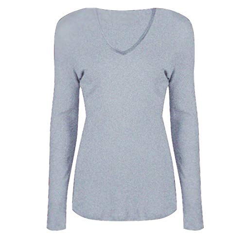 Damen Basic V Ausschnitt Langarm T Shirts Casual Tops Bluse Damen Stretchy Loose Shirt, hellgrau, 34-36 von FAIRY TRENDZ LTD