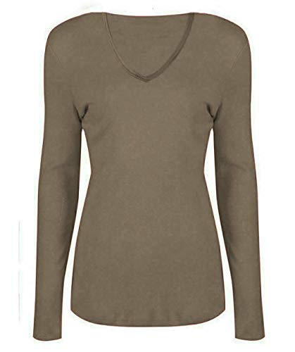 Damen Basic V Ausschnitt Langarm T Shirts Casual Tops Bluse Damen Stretchy Loose Shirt, mokka, 38-40 von FAIRY TRENDZ LTD