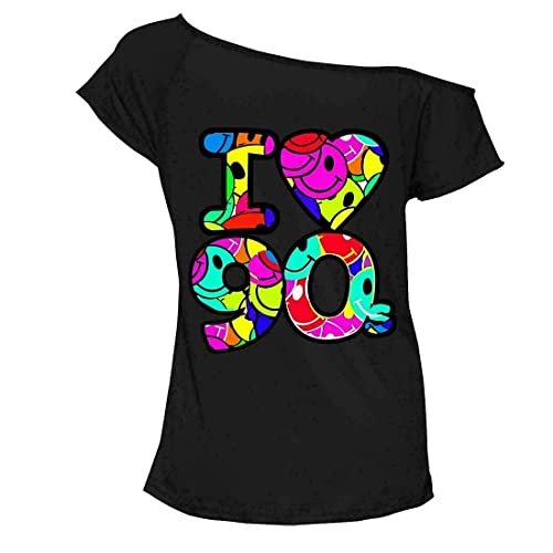 Damen T-Shirt, Smiley, I Love, 90er-Jahre-Stil, kurzärmelig, Retro-Stil, Pop-Stern-T-Shirt, Größe 34-54, Schwarz , 50-52 von FAIRY TRENDZ LTD