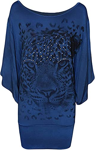 FAIRY TRENDZ LTD Damen-T-Shirt mit Rundhalsausschnitt, Fledermausärmel, Glitzer, Tiger, bedruckt, Pailletten, Baggy, blau, 40 von FAIRY TRENDZ LTD