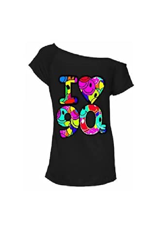Fairy Trendz Damen-T-Shirt mit Aufschrift "I Love 80s", Retro-Partys, Pop-Star-Tees, T-Shirt, 1980er-Jahre, Party-Top, Junggesellinnenabschied, Größe 36-48, I Love 90s Smiley schwarz, 34-36 von FAIRY TRENDZ LTD